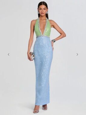 Retrofete Lime Green & Sky Blue Sequin One-Shoulder Evening Gown